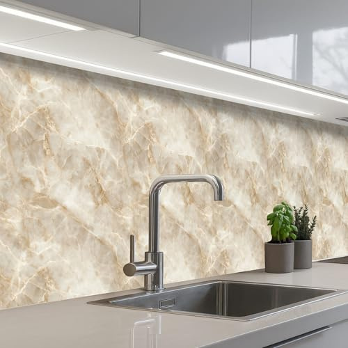 KitchenYeah© Spritzschutz Küchenrückwand Selbstklebend Küche Rückwand | 60x300 cm - Küchenwand Wand Küchenfront Verkleidung Küchenspritzschutz Hellbeige - Onyx - Dezent