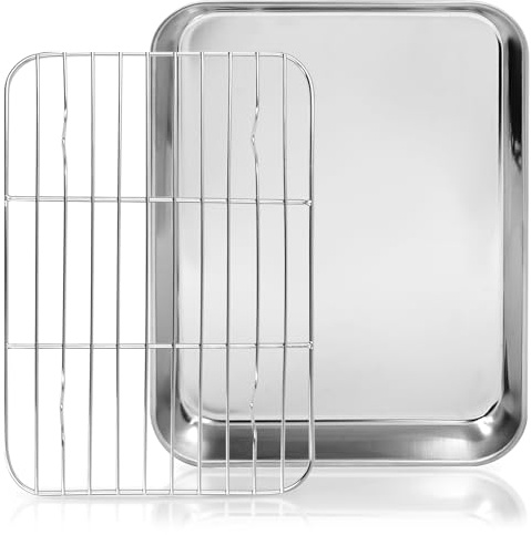 Baking Tray with Wire Rack, Stainless Steel Baking Sheet & Cooling Rack Set, 1 Tray + 1 Rack for Oven, Heavy Duty & Easy Clean (9.3 x 6.9 x 1 Inch)