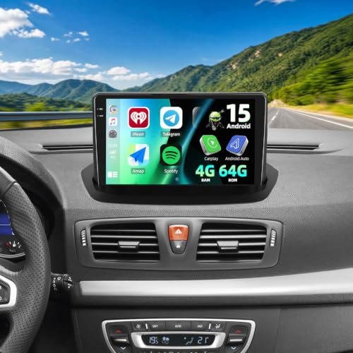 CAMECHO 4+64G Android 15 Autoradio para Renault Megane 3 Export 2009-2014 con CarPlay Inalámbrico, 9 Pulgadas Android Auto Radio Bluetooth con Navegación GPS Wi‑Fi, RDS FM y Cámara Trasera