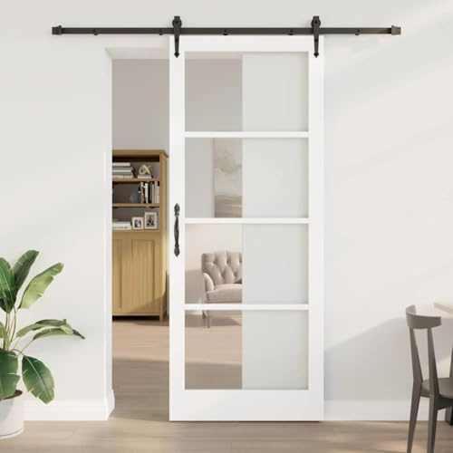 GeenYuu Puerta corredera ORKDAL color blanco de madera maciza de pino y cristal 93 x 232 cm Interior con mecanismo deslizante suave y acristalamiento moderno para pasillo y sala de estar