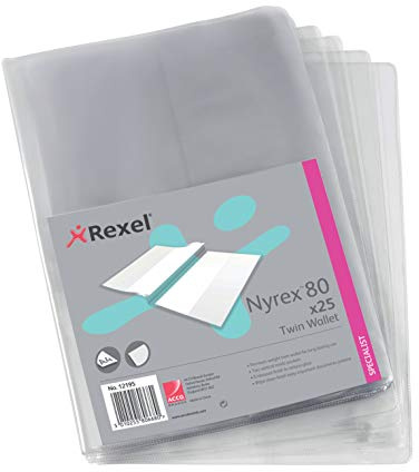 Rexel Nyrex Premium Twin A4 Document Folders, Glass Clear, 100mic, L-Folder, Pack of 25, 12195