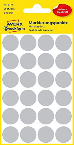 AVERY Zweckform 3171 selbstklebende Markierungspunkte (Ø 18 mm, 96 Klebepunkte auf 4 Bogen, runde Aufkleber für Kalender, Planer und zum Basteln, Papier, matt) grau, 5 Stück