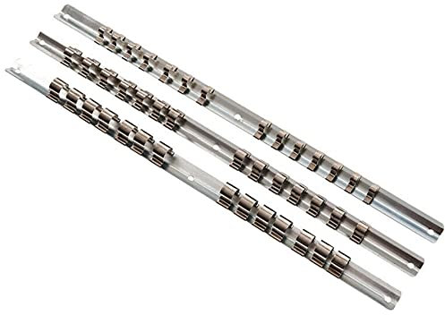 Dapetz ® Socket Organizer Set Tool Storage Socket Holder Clips Rail 1/2-Inch 3/8-Inch 1/4-Inch Easily Mounts to Wall Chrome Vanadium Steel Portable Socket Retention Home Workshop 3PCS
