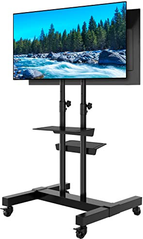 TAVR Dual Mobile TV Stand Rolling TV Cart Floor Stand with 2 TV Brackets on Locking Wheel Height Adjustable Shelf for 32-70 inch Flat/Curved Screen TV Gaming Console Display,Loading 110 lbs