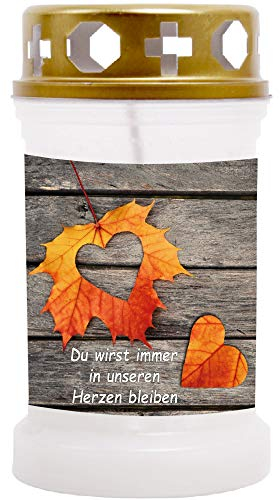 HS Candle 10er Pack Grabkerzen mit Motiv, Grablicht mit Brenndauer von ca. 40 Std, Motiv: Laub Herz, in vielen weiteren Varianten