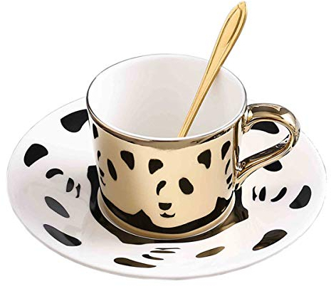 fanquare 250 ml Taza de Café de Reflejo del Espejo de Panda, Taza de Té de Cerámica Dorada, Juego de Taza de Café y platillo