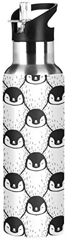 Edelstahl-Trinkflasche mit Strohhalm, Cartoon-Tiere, niedlicher Dinosaurier, isolierte Trinkflasche für Kinder und Erwachsene, auslaufsicher, 600 ml, Pinguine 009, 600 ml