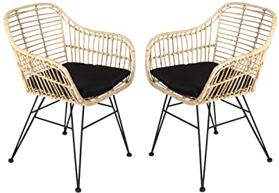 SAM 2er Set Rattanstuhl Antalya, Farbe Natur, inklusive Sitzkissen, Korbstuhl mit Metallfüßen, Geflechtstuhl/Eisenstuhl im Retro-Design, Esszimmerstuhl mit Armlehnen