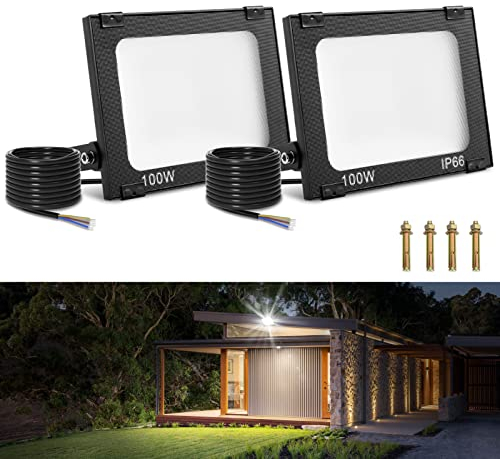 Viugreum 2 Pack 100W Led Strahler Außen 8000LM Flutlicht Aussen IP65 Aussenstrahler 5000K Fluter Kaltweiss Scheinwerfer Flutlichtstrahler mit 50cm Cable fur Hinterhof Auffahrt Garage Flur