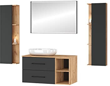 Planetmöbel Juego completo de muebles de baño, 4 piezas, 100 cm, con lavabo y 2 armarios laterales, en los colores dorado roble/antracita