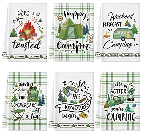 Redbaker 6 Stück Camping-Küchentücher, lustiges Geschirrtuch, Happy Camper, Handtücher, dekorative Geschirrtücher für Küche, saugfähig, Camping, Wohnmobil-Zubehör