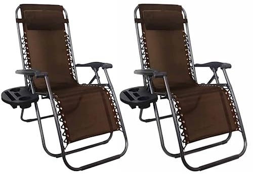 TILZ GEAR Recliner Garden Chairs Sun Loungers For Garden Foldable Set Of 2 Zero Gravity Garden Chair Folding Recliner Outdoor Deck Chair With Cup And Phone Holder Plus Headrest Pillow (Brown)
