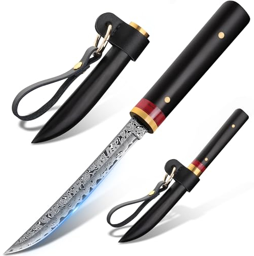DRGSKL Damaszener Muster Outdoor Obstmesser Scharfes tragbares Taschensteakmesser mit Scheide Messer für Männer Kollektion Rot