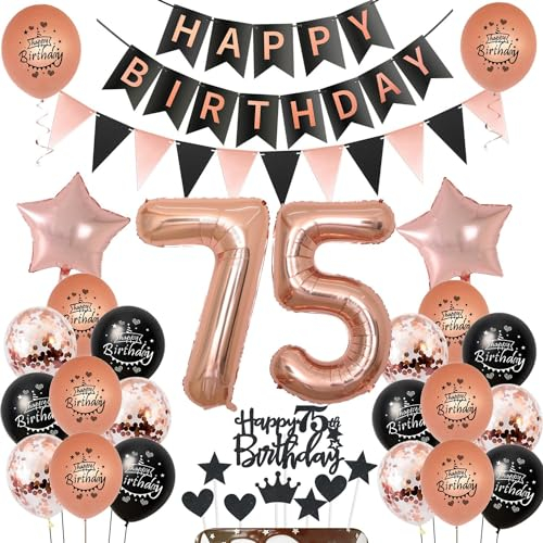 Luftballons 75. Geburtstag Deko für Frauen - Schwarz Rosegold Ballon Set mit Tortendeko und Dekoration für 75 Jahre