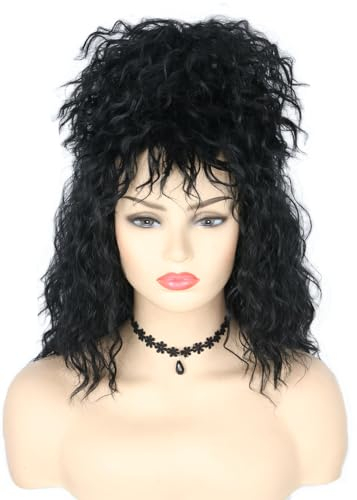 Topcosplay Schwarz Lang Lockig Perücke Retro Beehive Perücke mit Halskette für Fasching Karneval Halloween