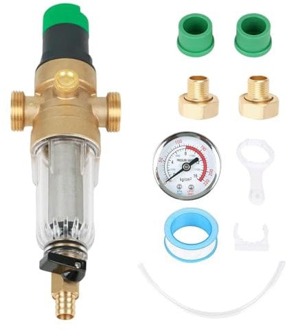 Riduttore di pressione dell'acqua con manometro e misuratore, riduttore di pressione dell'acqua con filtro autopulente, valvola di riduzione della pressione, regolatore di pressione in ottone (1/2)
