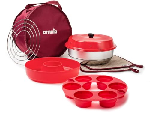 OMNIA Ofen Kit mit Zubehör - Set mit Campingofen, Silikonform, Aufbackgitter, Tasche und Topflappen, Beige & Muffins Silikonbackform für Campingbackofen Muffinbackform Kuchenform