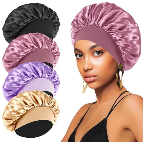 FIRSTPELLA 4PCS Silk Bonnet for Sleeping,Hair Wrap Satin Bonnets Shower Cap for Black Women Men, Elastic Wide Band Bonnet Cap for Sleeping Curly Hair(Black & Bean Paste Pink & Purple & Brown)