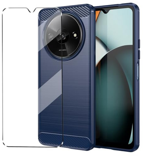 Cover for Xiaomi Redmi A3 Case with 1 Pack Tempered Glass Screen Protector Phone Case for Xiaomi Redmi A3,Soft TPU Slim Fit Shockproof Anti-Scratch carbon fibre Cover-Navy