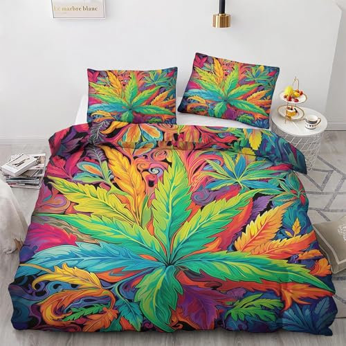 zcwl Cannabis Bettwäsche 140x200 Sommer, Trippy Weed Marihuana Bettbezug Set 2 teilig, Weiche Kuschelige Mikrofaser Bettwäsche-Sets, Wendebettwäsche und 1 Kissenbezug 70x90 mit Reißverschluss