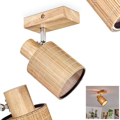 Deckenleuchte Kinnared, moderne Deckenlampe aus Holz/Metall/Bambus in Naturfarben/Chromfarben/Braun, Leuchte 1-flammig im skandinavischen Design mit verstellbarem Strahler, 1 x E14, ohne Leuchtmittel