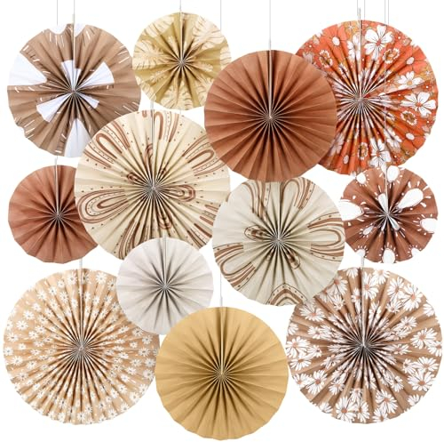 Sayglossy 12 Pcs Boho Classroom Hanging Paper Fans 8'' 12'' 16'' Boho Classroom Decoration Rainbow Round Paper Fans Garlands Neutral Rustic Flower Leaf Wall Decor for School Office Party Decor