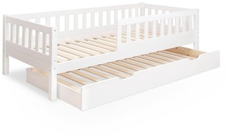 Ehrenkind® Kinderbett Lille | Kinderbett 90x200 cm inkl. abnehmbaren Rausfallschutz und Bettkasten aus Massivholz FSC® zertifziert | Jugendbett 90x200 Weiß
