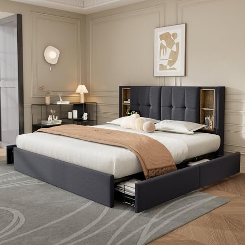 Ctastay Letto Matrimoniale Imbottito 160x200, Struttura Letto Contenitore con Ricarica Wireless, Porta di Ricarica di Tipo C e USB, 4 Cassetti e Rete a Doghe in Legno, (Senza Materasso) (Grigio)