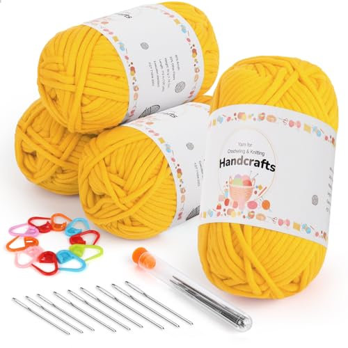 Aeelike 4X50g Dicke Häkelwolle Baumwolle zum Stricken, Easy Yarn für Anfänger, Kinder, Dickes Baumwoll-Nylon-Mischgarn, Kein Geteiltes Sperriges Textilgarn zum Häkeln für Körbe, Schals, Goldgelb