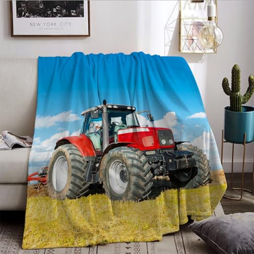 HZVRTN Rote Kuscheldecke Traktor 150×200 cm, weiche Plüschdecke im ländlichen pastoralen blauen Himmelsstil,Teenager und Erwachsene, Landhausstil Wurfdecke für Bett und Couch