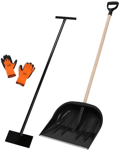 KOTARBAU® Set Schneeschaufel mit Holzstiel 137 cm Eisschaber 119 x 20 cm + Handschuhe warm Schneeschieber Schneeschaufel Auto Stoßscharre mit Stiel Schaufel mit Stiel