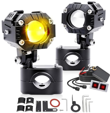 CO LIGHT Motorrad Nebelscheinwerfer 70W 21000LM Motorrad LED Zusatzscheinwerfer 7 Beleuchtungsmodi mit Zusatz-Bernstein Weiß Kabelbaum-Kit Plug and Play und Montagehalterungen