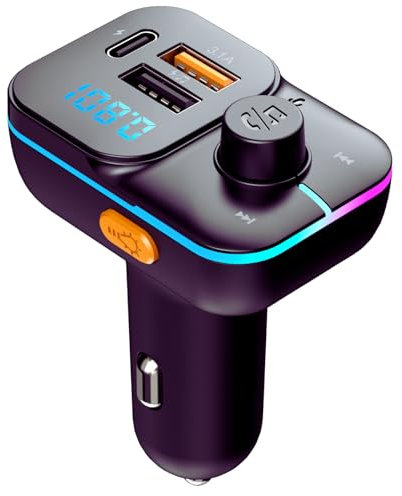 PRMHOOT FM Transmitter Auto Bluetooth 5.3, Type-C & USB A Simultanladung Bluetooth Adapter Auto, Hi-Fi Stereo Car Radio Zigarettenanzünder, Freisprecheinrichtung & LED-Licht & U-Disk