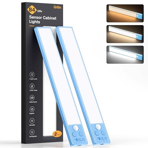 Gritin Lampe de Placard 84 LED, Lumière sans Fil Rechargeable 1800mAh Détecteur de Mouvement, 3 Températures de Couleur & 5 Niveaux de Luminosité, Éclairage LED de Cuisine (2 Pièces),Bleu Far Peak