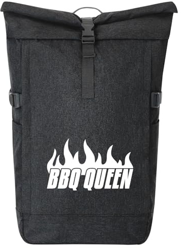 Huuraa Kurierrucksack BBQ Queen Flammen 30-44 Liter Black Melange Fairtrade Rolltop Rucksack Geschenkidee