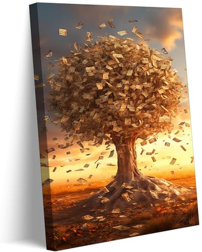 LGBKHLVI Money Tree Canvas Wall Art Canvas Wrapping 16x24in | Modern 100 Dollars Bills Usd Wall Decor Picture Gold Wealth Poster Print Painting for Living Room Bedroom Office Decoration