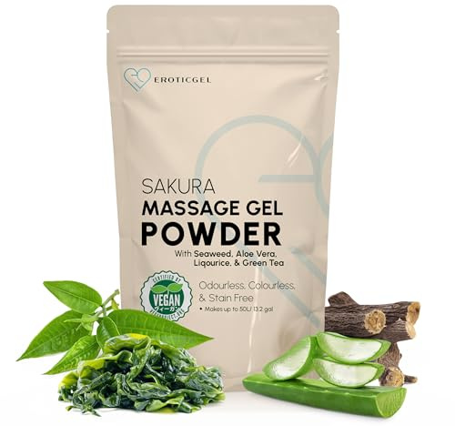 Japanisches Massagegel-Gel-Pulver „Sakura“ 500 g, Aloe, 50 l | Seetang, Süßholz, Aloe Vera & grüner Tee, hergestellt in Japan. Vegan, parfümfrei, wasserbasiert. Ergibt 5 Liter.