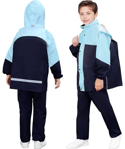 Baogaier Kids Waterproof Suit Hooded Zip Raincoat and Rain Trousers Set | Lightweight Rain Jacket Pants Set, Rain Suit with Storage Bag, Outdoor Rainwear for School Camping Hiking, Age 8-14 Years