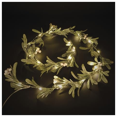 EMOS - LED-Mistelzweiggirlande 1,5 m - Mistel-Girlande mit 25LEDs, Warmweiß - 6/18h Timer, batteriebetrieben (3x AA), 25cm Kabellänge - Lebensdauer 10000 Stunden - für Innenbereich - Grün/Weiß