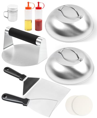 MaxAwe 10Pcs Smash Burger Set, Stainless Steel Grill Cooking Kit with 2Basting Covers, 2Grill Spatulas, 2Squeeze Bottles, Burger Press, Spice Shaker&100 Discs, Smasher Grill Set for Flat Top Griddle