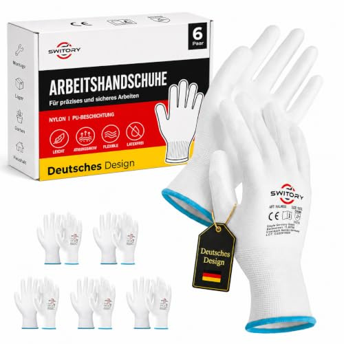 Switory Weiß Arbeitshandschuhe Herren, Handschuhe Arbeit XL/10, 6 Paar | Gartenhandschuhe Herren Ohne Latex Hergestellt, Nylon, PU-Beschichtung, Leicht, Für Garten, Lager, DIY