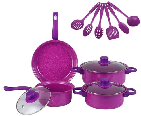 Juego de utensilios de cocina antiadherentes, ollas y sartenes antiadherentes de 13 piezas con sartén, cacerolas, olla para leche y utensilios para cocinar en casa, color morado