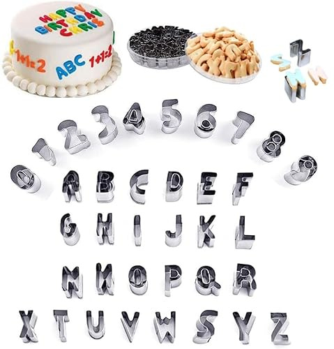 SUNKOOL Mini Alphabet and Number Cookie Cutters Set of 36 Pieces Stainless Steel Small Mold Tools for Fondant Biscuit, Cake, Fruit, Vegetables