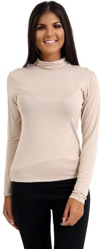 janisramone® Polo Shirts for Women UK, Long Sleeves Turtle Neck Womens Polo Shirt, Stretchy Long Sleeve Tops Women UK, Women s Roll Neck Polo T Shirt Size 8-26 Stone