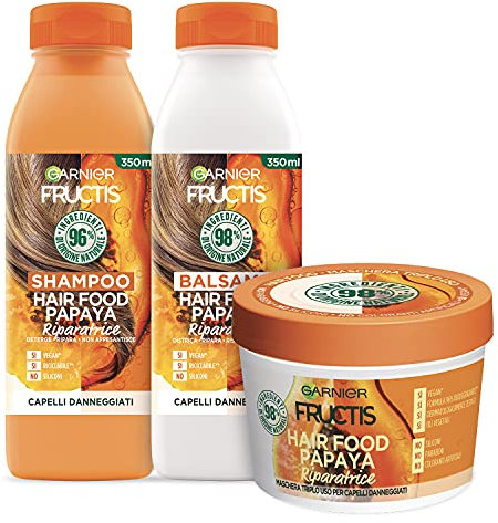 Garnier Fructis Haarpflege-Set Papaya Hair Food Shampoo 350ml + Conditioner 350ml + 3in1 Maske 390ml Reparierendes für Strapaziertes Haar Natürliche Formel Vegan Ohne Silikone - 3er Set