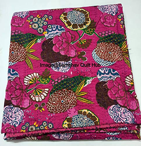 Sambhav Quilt Hub Wende-Tagesdecke für Queen/Twin/King Size indisches rosa Früchte Muster Gudri reine Baumwolle Kantha-Stil Quilt Floral Fruit Print Dekorative Kantha Stitch Quilt
