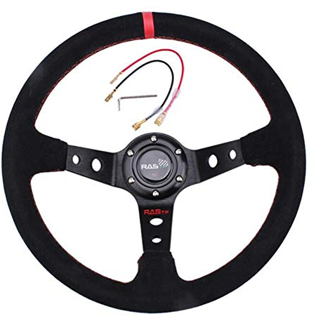 iSpchen Sportlenkrad Auto Rennlenkrad Sport Lenkräder, 6 Bolt Rally/Drift/Race/Drifting Racing Motorsport Lenkrad Universal 14 Zoll Wildleder Leder Lenkrad Rennsport,Rot