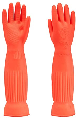 MIN-XL Rubber Dishwashing Glove, Waterproof and Oil-resistance,Suitable for kitchen Cleaning, Clothes Washing, Household Dishwashing,Car Wash, Indoor Outdoor Pet Care Use,etc, red-45CM-S, S (Y-L-001)