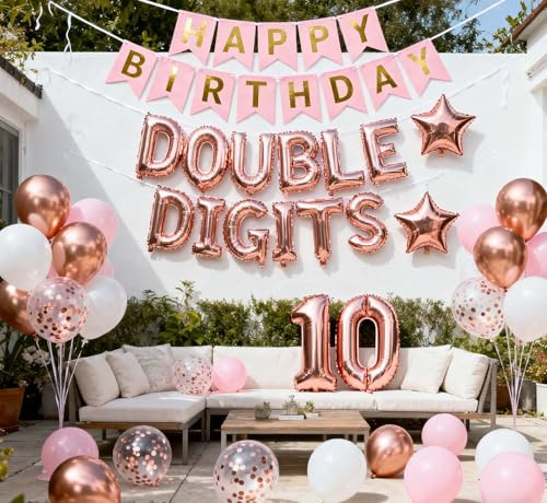 10 Geburtstag Dekorationen für Mädchen Roségold, zweistellig 10 Geburtstag Ballon Happy 10th Birthday Banner mit Rose Gold Stern Folienballons Konfetti Ballons für 10 Jahre alt Geburtstag Mädchen