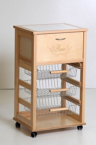 Totò Piccinni Carrellino in Legno da Cucina con Rotelle Mattonelle e Cestelli in Acciaio (con Portapane, Naturale)